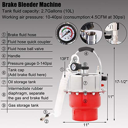 YSTOOL Brake Bleeder Kit Pneumatic Pressure Brake Clutch Fluid Bleeding Tool Set with Master Cylinder Adatpers Air Power Pressurized Oil Change Bleeder Machine and Waste Oil Collection Bottle (Red) - color: Red