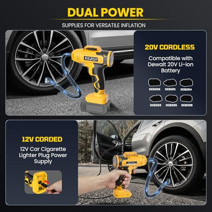 Cordless Tire Inflator Portable Air Compressor Compatible with Dewalt 20V Battery, 160PSI Electric Air Pump with 12V Car Power Cable Dual Mode and Digital Pressure Gauge LED Light for Car and Balls