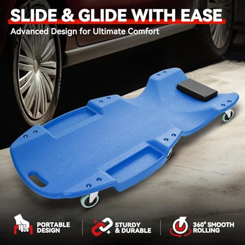 Auto Dynasty 47 Inches Mechanic Creeper, Automotive Garage Repair Low Profile Under Car Rolling Creeper with Padded Headrest, Plastic, Purple - color: Blue