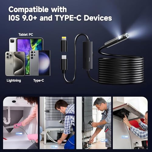 Endoscope Camera with Light,1920P HD Borescope with 8 Adjustable LED Lights, IP67 Waterproof 16.5FT Semi-Rigid Snake Camera, Snake Cord Inspection Camera for iPhone, iPad and Android Phone-5M