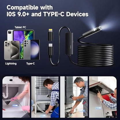 Endoscope Camera with Light,1920P HD Borescope with 8 Adjustable LED Lights, IP67 Waterproof 16.5FT Semi-Rigid Snake Camera, Snake Cord Inspection Camera for iPhone, iPad and Android Phone-5M