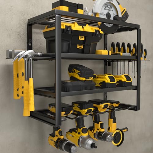 YYR 4 Layer Power Tool Organizer Wall Mount, Cordless Drill Hanger Storage Rack, Battery Tools Holder with Charging Station Shelf for Garage Organization, Workshop, Pegboard, Shed - 16 Inch 4 Slots - size: 16 Inch 4 Drills Holder