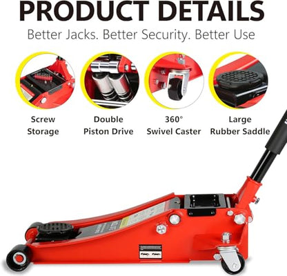 3 Ton Low Profile Floor Jack, Heavy Duty Floor Jack with Dual Pistons Quick Lift Pump, Steel Car Jack Adjustable Height 3.3"-18.5", Hydraulic Trolley Floor Jacks 3 Ton/6600 LB Capacity, Red - color: Red - 3 Ton(Dual Pump), Lift 3.3"-18.5"