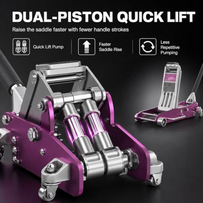 3 Ton (6,600 lbs) Low Profile Aluminum Hydraulic Racing Floor Jack with Dual Piston Quick Lift Pump, Lifting Range 3.74" to 18.9", for Cars, Trucks and SUVs, Purple