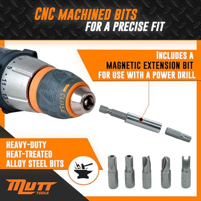 Mutt Tools 33pc Security Bit Set - Complete Torx Security Screwdriver Set with Tamper Proof Bits - Star Bits, Hex, Spanner, Tri-Wing & Torq - Professional Security Torx Bit Set