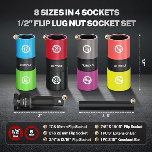 BILITOOLS Lug Nut Socket Set, 1/2" Thin Wall Impact Flip Sockets | Metric 17-22mm and SAE 3/4"-15/16" Sizes, Non-Marring Sleeves, Extension Bar and Knockout Rod for Stuck Lug Nuts