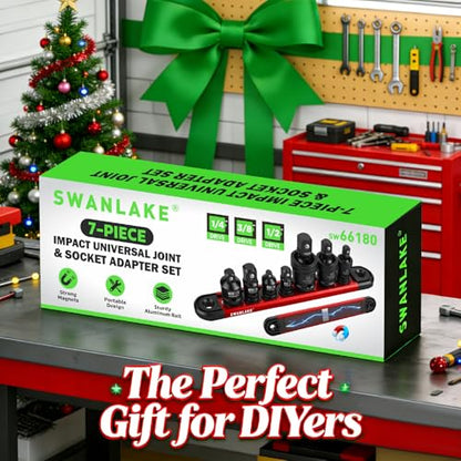 SWANLAKE GARDEN TOOLS 7-Piece Impact Swivel Socket Adapter Set, 1/4" 3/8" 1/2" Drive Universal Joint Socket Set CR-MO Steel, Wobble Joint Sockets Reducer with Magnetic Aluminum Sockets Rail - style: 7-Piece Socket Adapter