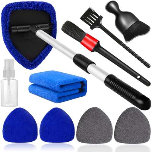 Qydipclin 10pcs Windshield Cleaning Tool Inside Car Window Cleaner Wash Kit with 4 Reusable Microfiber Pads 1 Spray Bottle and Extendable Handle Interior Auto Glass Wiper Kit, Blue&Gray - color: Blue & Gray