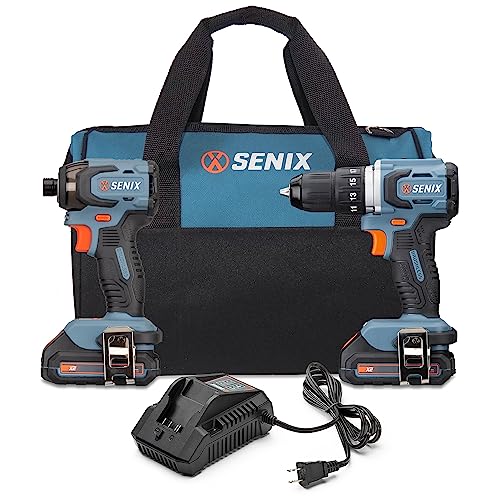 SENIX X2 20 Volt Max* 2-Piece Cordless Power Tool Kit with Battery Powered 1/2-Inch Drill Driver and 1/4-Inch Impact Driver, Includes Storage Bag, 2 2.0 Ah Batteries & Charger (S2K2B2-01) - style: Drill Driver and Impact Driver