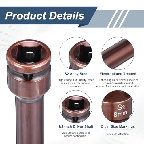 HARFINGTON 2pcs Impact Hex Bit Socket 1/2" Drive 8H (8mm) Hex Bits 3" Length S2 Steel Metric Impact Wrench Socket Adapter Tool for Automotive Repair Industrial Construction and Home DIY - size: H8 x 1/2" x 3"