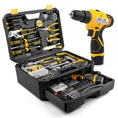 DOWELL 223-Piece Power Drill Tool Set, 12V Cordless Drill Driver Kit with Drawer Toolbox, Socket & Bit Set, Hex Keys, Wrench for Home Renovation, DIY Projects & Garage Use