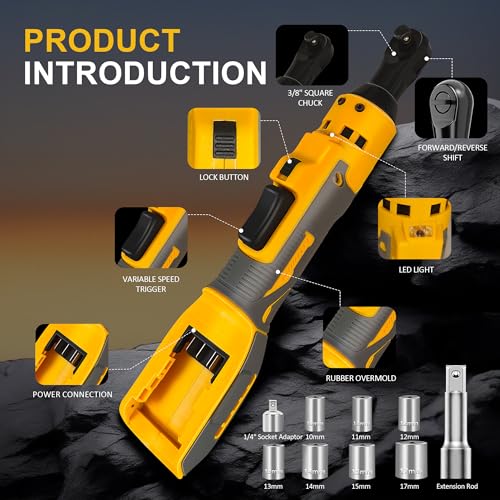 Cordless Ratchet Wrench for Dewalt 20V Battery, 3/8" Electric Ratchet Set 45 Ft-lbs (60 N.m), Variable Speed control, 580RPM Power, 8 Sockets (9/10/11/12/13/14/15/17mm) - No Battery