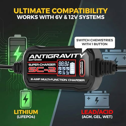 Antigravity Super-Charger – 2-Amp 6V/12V Multi-Function Battery Charger & Maintainer for Lithium (LiFePO4) and Lead/Acid Batteries, LCD Display, Auto Winter Mode, Recondition Feature