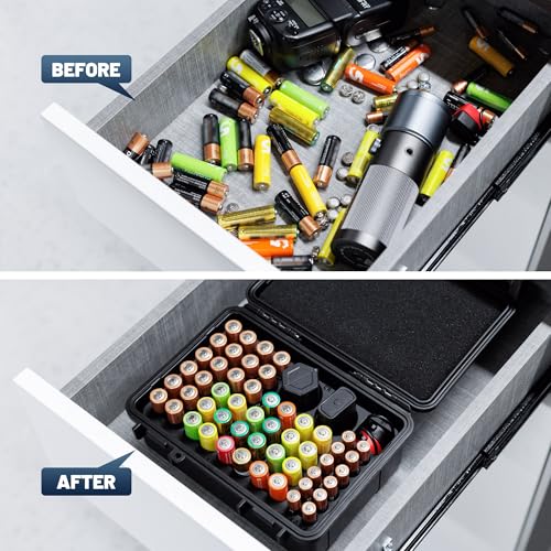 Hard Shell Battery Organizer Holder with Small Battery Tester, IP68 Waterproof Multi 82 Slots Batteries Vault Case for 40 AA & 12 AAA & 12 CR2032 CR2025 & 18 LR44 Button Cell/2 D Size Batteries Case - size: (1 PACK)Battery Organizer for AA AAA CR2032 & Mo