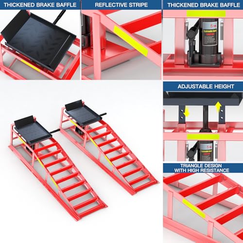2 PCS Hydraulic Car Ramp, 5T/11000 LBS Heavy-Duty Car Ramp, Hydraulic Oil Change ramp with Built-in high Visibility Reflective Strip, Adjustable Lifting Height of 9.8-15 in Garage Car Ramp,Red - color: Red