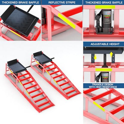 2 PCS Hydraulic Car Ramp, 5T/11000 LBS Heavy-Duty Car Ramp, Hydraulic Oil Change ramp with Built-in high Visibility Reflective Strip, Adjustable Lifting Height of 9.8-15 in Garage Car Ramp,Red - color: Red