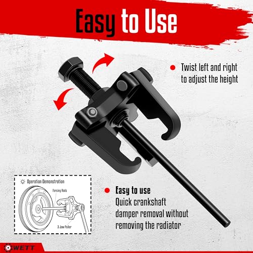 WETT Harmonic Balancer Puller Set, Heavy Duty Adjustable 3 Jaw Pulley Puller Tool, 3/8” Square Drive, Push Bolt, Forcing Rods, Removing Harmonic Dampers and Balancers, Automotive Repair