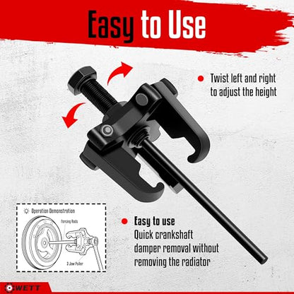 WETT Harmonic Balancer Puller Set, Heavy Duty Adjustable 3 Jaw Pulley Puller Tool, 3/8” Square Drive, Push Bolt, Forcing Rods, Removing Harmonic Dampers and Balancers, Automotive Repair
