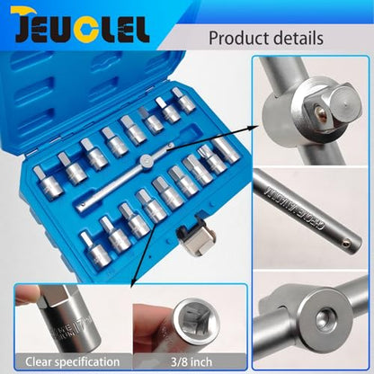 18PCS 3/8" Drive Oil Drain Sump Plug Key Set, Drain Plug Socket Kit | Hex, Square Triangle, Torx, Spline, Gearbox, Engine Repair, Mechanic tool, Oil Sump, Differential, Back Axle, Socket Wrench