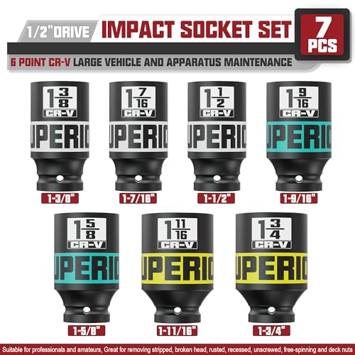 7pcs 1/2" Drive Impact Socket Set, SAE Axle Nut Sockets,1-3/8" to 1-3/4" Thicker Jumbo Sockets, Socket Set, 6 Point, Cr-V, for Mechanics, Durable Professional Tool Kit - size: 1/2" 7pcs