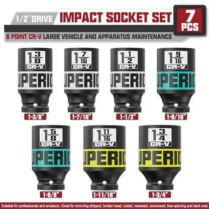7pcs 1/2" Drive Impact Socket Set, SAE Axle Nut Sockets,1-3/8" to 1-3/4" Thicker Jumbo Sockets, Socket Set, 6 Point, Cr-V, for Mechanics, Durable Professional Tool Kit - size: 1/2" 7pcs