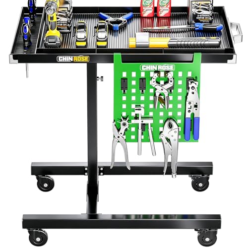 Adjustable Height Mobile Work Table with Rolling Wheels | Rolling Tray Table, For Mechanics, Garages, Repair Shops, Warehouse, Workshop, DIY