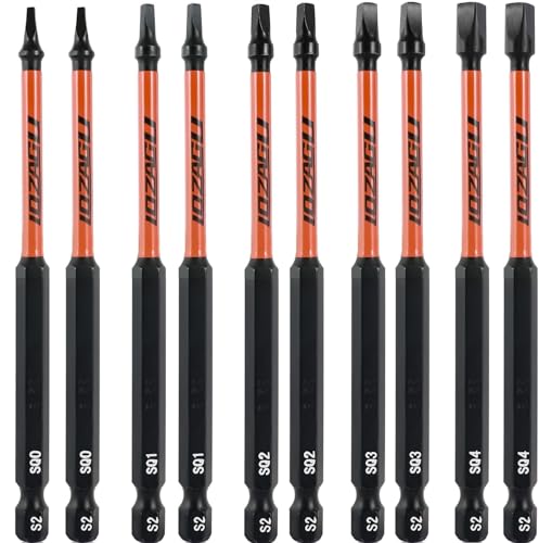 10Pcs Square Drive Bits Set, 4” Long Premium S2 Alloy Steel Square Bit Set #0, 1, 2, 3, and #4 Magnetic Square Drill Bit Set,1/4 Inch Hex Shank.