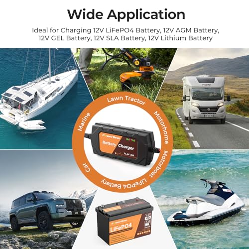 12V 10A Lithium Battery Charger, PowerUrus 12V 10A LiFePO4 Battery Charger, Samrt 12V Lithium Battery Chargers, 10A Trickle Battery Chargers, 12v Battery Maintainer for Deep Cycle Battery of Boat, RV