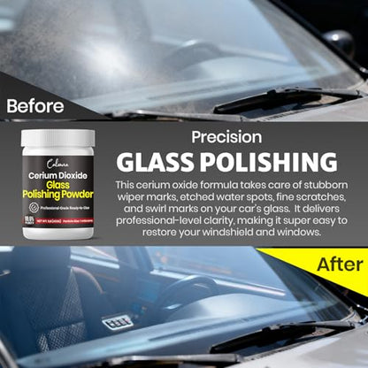 Calvana Cerium Oxide Glass Polishing Powder (1 lb) – Includes 100 PCS Polishing Buffing Wheels for Dremel Kit, Restores Clarity and Removes Wiper Marks, Swirls, and Water Spots, 1 Micron - size: Polishing Powder + Polishing Buffing Wheels