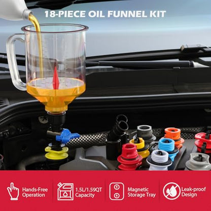 18-Piece Engine Oil Funnel Kit, 1.59QT/1.5L Automotive Oil Funnel Set with 12 Adapters, Elbow Fitting, Arrow Screen and Magnetic Storage Hooks Tray, Compatible with GM, Ford, BMW, Audi, Land Rover Etc - size: 18 PCS - Elite Oil Kit with Magnetic Tray