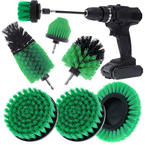 8 Pcs Drill Brush Attachment Set, Power Cleaning Scrub Brush Kit with Extend Long Attachment, All Purpose Drill Scrub Brushes for Car, Grout, Floor, Tub, Bathroom and Kitchen (Green) - color: Green