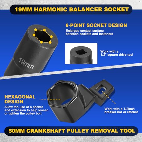 DASBET 19mm Harmonic Balancer Socket and 50mm Hex Crankshaft Crank Damper Pulley Holding Wrench Socket Tool Compatible for Honda Acura