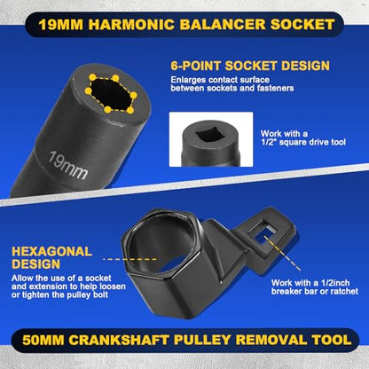 DASBET 19mm Harmonic Balancer Socket and 50mm Hex Crankshaft Crank Damper Pulley Holding Wrench Socket Tool Compatible for Honda Acura