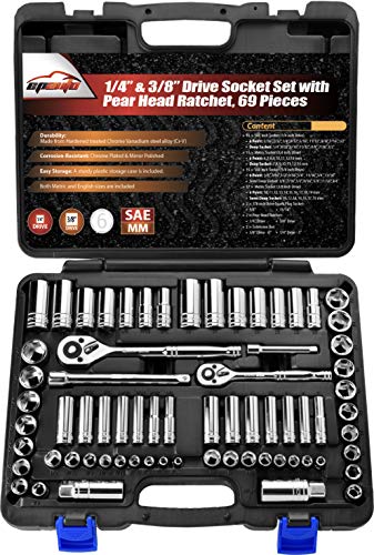 EPAuto 69 Pieces 1/4-Inch & 3/8-Inch Drive Socket Set, Pear Head Ratchet | Chrome (92-824) - size: 69 Pieces