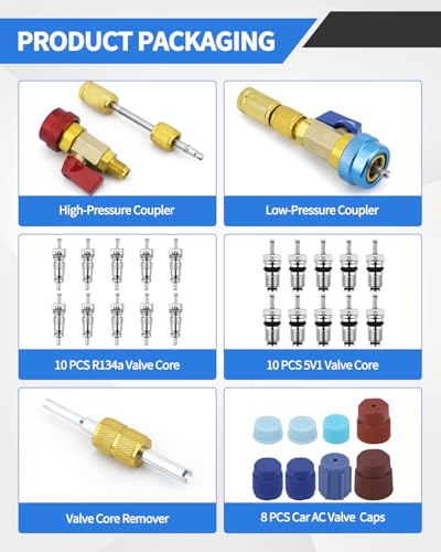 31 PCS R134A Valve Core Quick Remover Installer Tool Kit, High Low Pressure AC Valve Core Removal Tool, R134A Valve Core AC Service Port Cap Valve Stem for Refrigerant Air Conditioner System