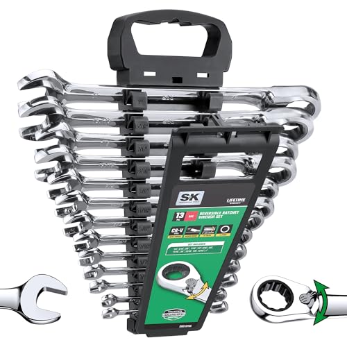 SK Reversible Ratcheting Wrench Set, Combination Wrench Set, 13-Piece, SAE 1/4" to 1", 72-Tooth, Premium CR-V Construction, with Rack Organizer - size: 6.35-25.4 mm