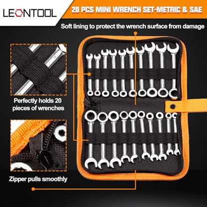Mini Wrench Set Metric and SAE 20 Pcs Ignition Wrenches 4-11mm & 5/32" to 7/16" Open End Box End Wrench Set with Key Ring, Combination Wrench Sets with Zipper Bag - style: Metric and SAE