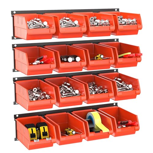TORACK Wall Mounted Storage Bins, 16 Plastic Bins for Tools Organization in Garage, Craft Room, Shop(4-Pack, Orange-red) - color: Orange-red