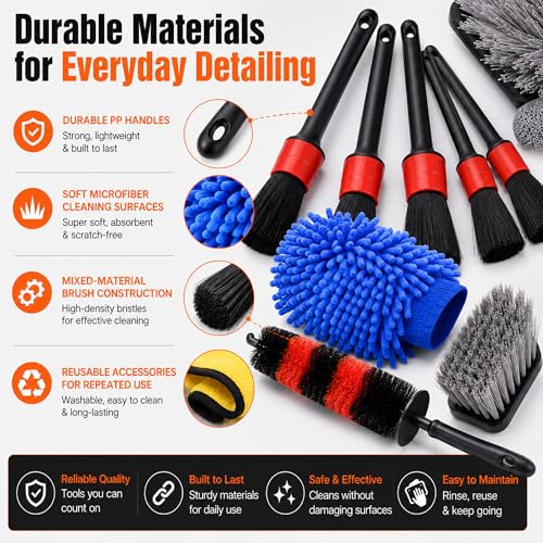 18-Piece Car Detailing Kit – Complete Car Interior Detailing Kit and Exterior Cleaning Set with Detail Brushes, Wire Brushes, Waxing Mop, and Microfiber Accessories for Vehicles