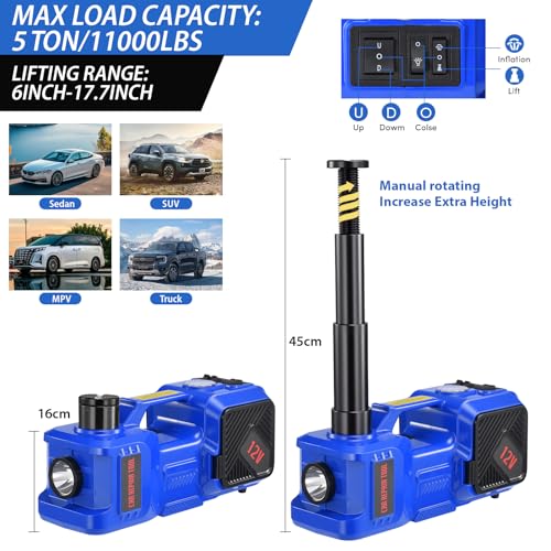 Electric Car Jack kit 5 Ton 12V Electric Floor Jack Lift for Vehicle, Electric Hydraulic Jack Auto Repair Tool Set with Built-in Inflator and Impact Wrench for SUV Sedan Truck Tire Change Blue