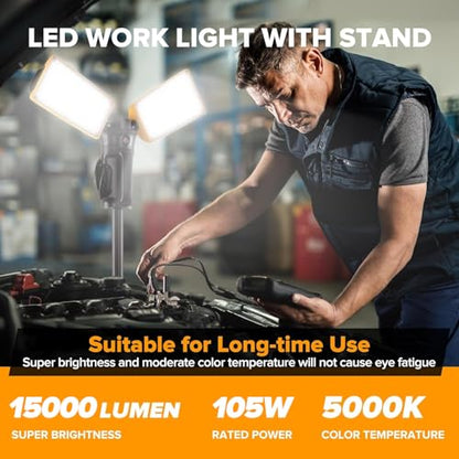 LUTEC 【Upgraded 5000K 15000 Lumen 105 Watt Dual-Head LED Work Light with Telescoping Tripod, Work Light with Stand Rotating Waterproof Lamps and 8 Ft 3-Prong Power Cord - size: Pro-15000LM