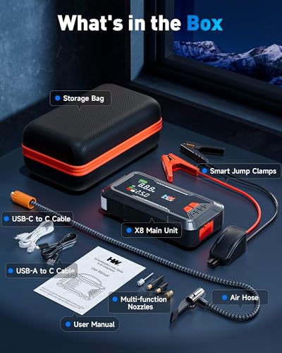 HW Car Battery Jump Starter with Air Compressor, 12V 2000A | 44.4Wh, 160PSI, 65W Fast Charging, Air Chucks and USB Cables