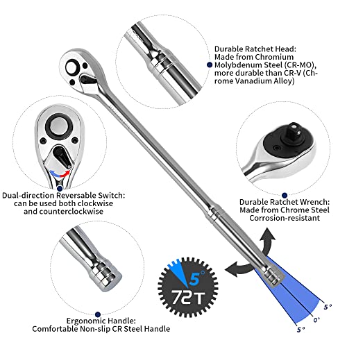 1/2-Inch Drive Ratchet Wrench, 1/2 Ratchet Wrench Long Handle, Socket Wrench, 72-Tooth Quick-release Reversible Cr-Mo Head, Chrome Steel Made - 20''51cm - size: 1/2" Standard Ratchet - 20 inch