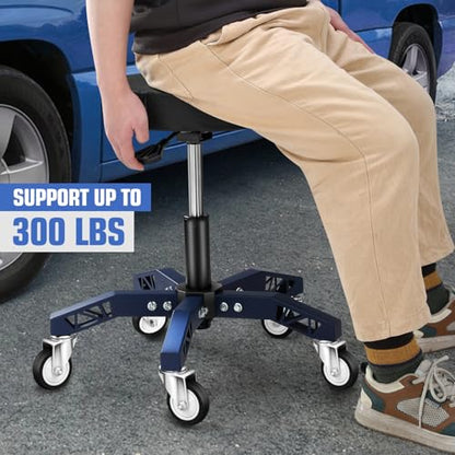 DNA Motoring Rolling Shop Stool, Adjustable Height Padded Rolling Seat, Pneumatic Roller Mechanic Stool for Garages, 300lbs Capacity, TOOLS-00635-BK-BL - style: 5 Wheel Blue
