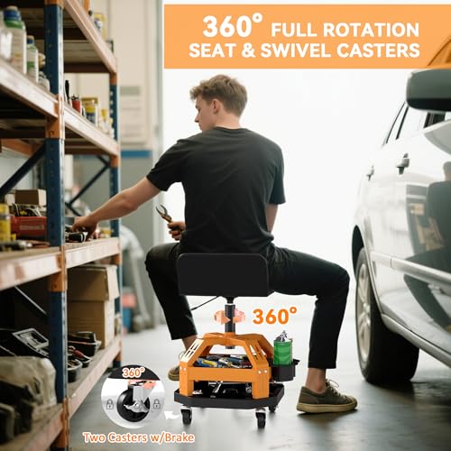 HOMCOM Rolling Mechanic Stool 300 LBS Capacity, Backrest 360° Wheels Yellow | Pneumatic Creeper Garage Stool, Heavy Duty Roller Seat, Padded Shop Chair, Tool Tray Storage, Adjustable Height - color: Yellow