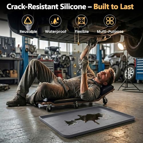 Oil Drip Pan 34" x 22" Gray Silicone, Oil Drip Pan for Under Car, Heavy Duty Oil Spill Mat with 0.7" Raised Edge, Leak Containment Drip Tray, Waterproof Garage Floor Protector - color: GRAY