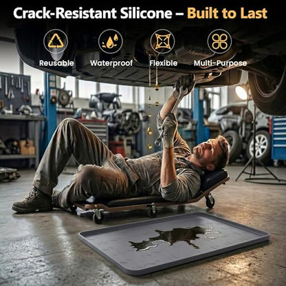 Oil Drip Pan 34" x 22" Gray Silicone, Oil Drip Pan for Under Car, Heavy Duty Oil Spill Mat with 0.7" Raised Edge, Leak Containment Drip Tray, Waterproof Garage Floor Protector - color: GRAY