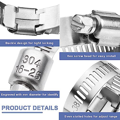 Hose Clamp- Qibaok 120 PCS Stainless Steel Hose Clamps Assortment Kit | 1/4''–1-1/2'' Worm Gear Clamps for Fuel Line, Plumbing, Automotive, Mechanical Applications, Pipe, Tube, Radiator, Garden