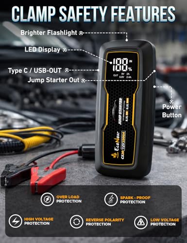 EcoNour 2500A Car Battery Jump Starter 12V Battery Booster Pack Up to 8.5L Gas & 8.5L Diesel Engines – Jump Box with Jumper Cables, USB Charger, LCD Display, LED Flashlight – for Cars, SUVs, Trucks - color: Black, size: 2500A