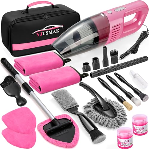 21PCS Car Detailing Kit Interior Cleaner - with Handheld Car Vacuum, Windshield Cleaning Tool, Detailing Brushes, Car Cleaning Supplies Kit for Women Men (Pink) - color: pink